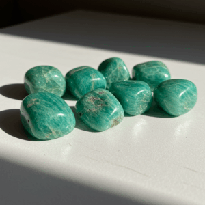 Polished tumbled Amazonite feldspar silicate triclinic on white matte background, healing crystal stones.