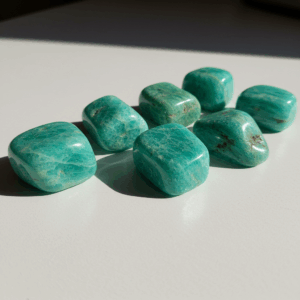 Polished tumbled Amazonite feldspar silicate triclinic on white matte background, healing crystal stones.