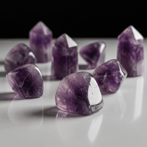 Polished tumbled Amethyst quartz silicate trigonal on white matte background, healing crystal stones.