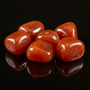 Polished tumbled Carnelian quartz silicate hexagonal on black matte background, elegant crystal stones.