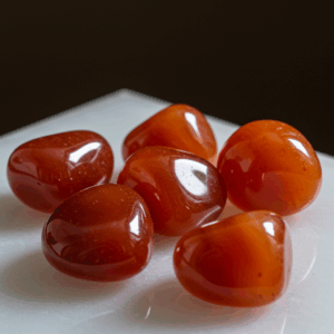 Polished tumbled Carnelian quartz silicate hexagonal on white matte background, healing crystal stones.