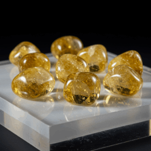 Polished tumbled Citrine quartz silicate trigonal on white matte background, healing crystal stones.