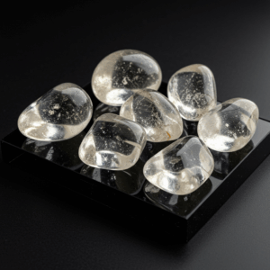 Polished tumbled Clear Quartz quartz silicate trigonal on black matte background, elegant crystal stones.