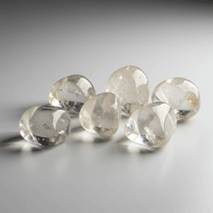 Polished tumbled Clear Quartz quartz silicate trigonal on white matte background, healing crystal stones.