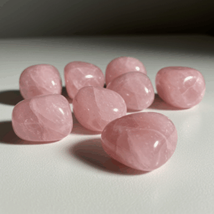 Polished tumbled Rose Quartz on white matte background, healing crystal stones.