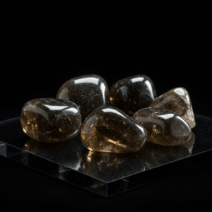 Polished tumbled Smoky Quartz on black matte background, elegant crystal stones.