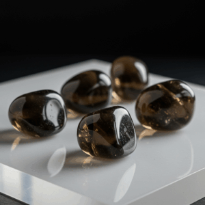 Polished tumbled Smoky Quartz on white matte background, healing crystal stones.