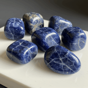 Polished tumbled Sodalite quartz silicate isometric on white matte background, healing crystal stones.