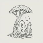 Stylized tree entwined with rune-stone and crystal icon – Pagan/Norse/Druidic tradition.